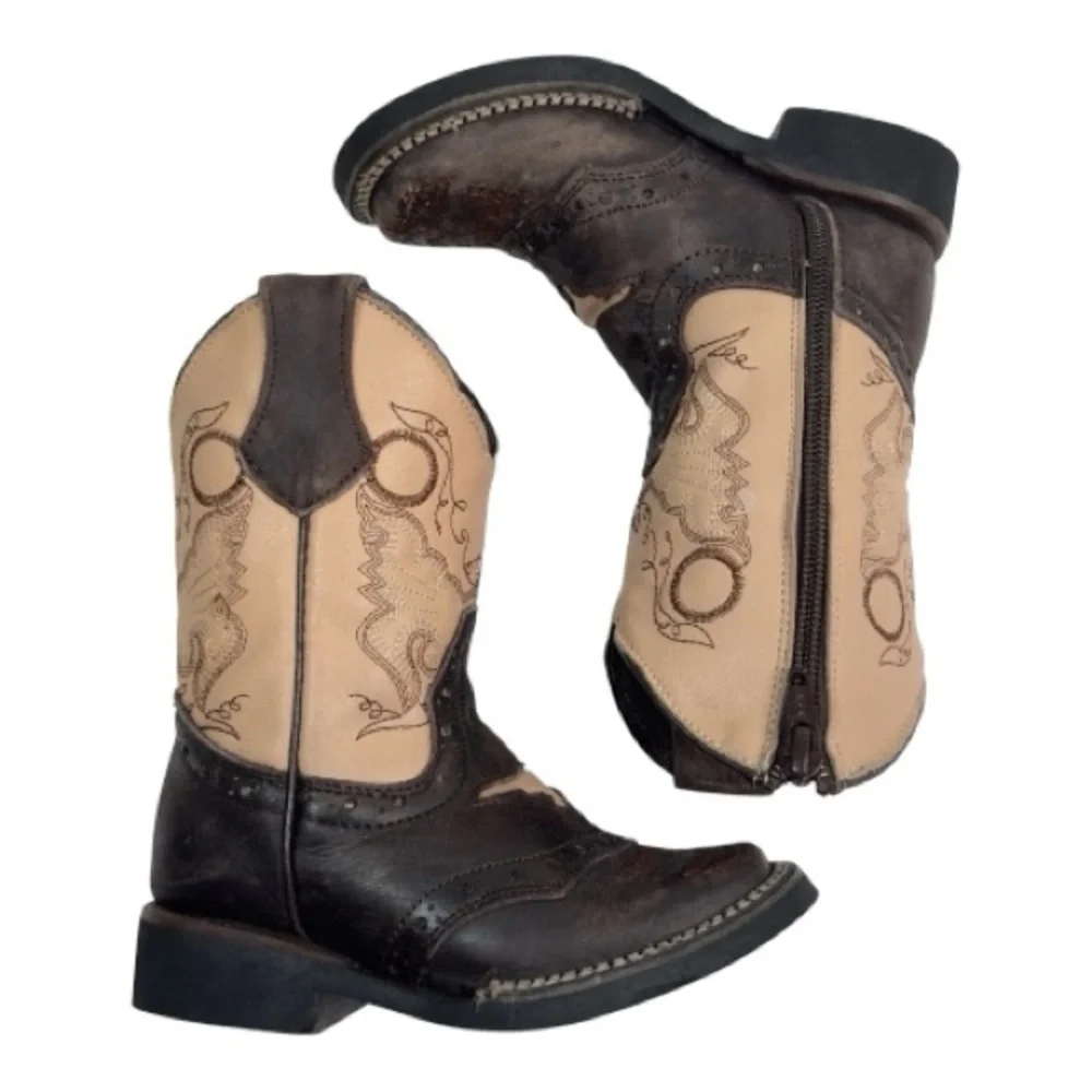 Kids White Diamonds Boots Square Toe Zipper Brown Beige Embroidered